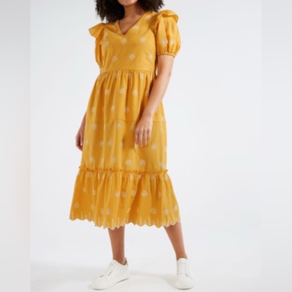 F&F Yellow Embroidered Cotton Midi Dress Puff Sleeve US‎ 8 | Boho Summer